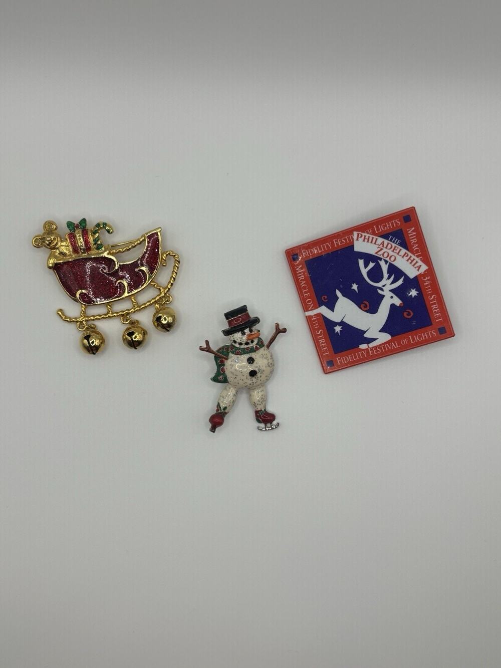 VTG 90s Christmas Pin Lot of 3 Holidays Snowman Santa’s Sleigh Reindeer